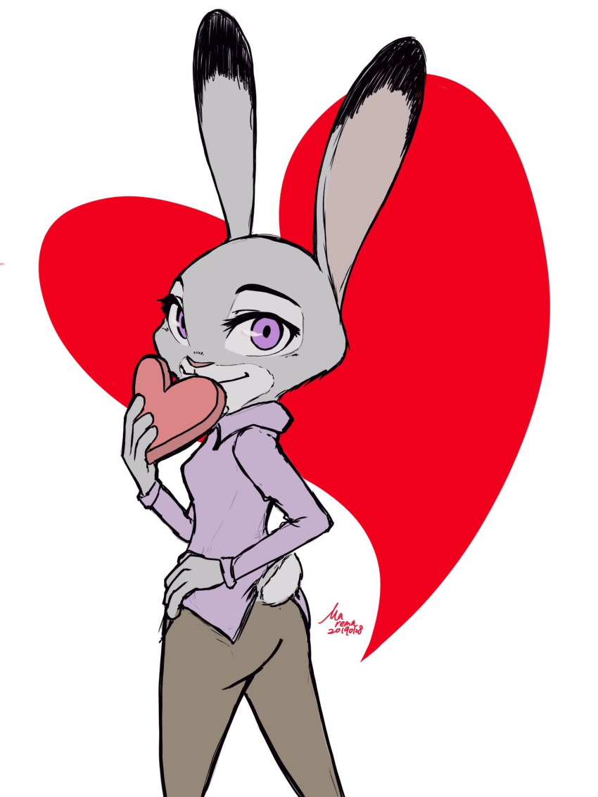 &lt;3 anthro bottomwear clothed clothing dated dipstick_ears disney female fully_clothed fur grey_body grey_fur hi_res holding_object judy_hopps lagomorph leporid looking_at_viewer looking_back mammal marema_kishin multicolored_ears pants purple_eyes rabbit scut_tail shirt signature simple_background smile solo standing topwear white_background zootopia