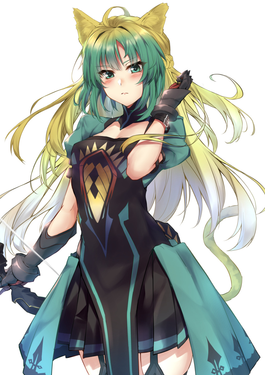 1girl ahoge animal_ears atalanta_(fate) blonde_hair bow_(weapon) dress fate/apocrypha fate_(series) garter_straps gloves gradient_hair green_eyes green_hair highres kagari_leroy long_hair multicolored_hair tail weapon white_background