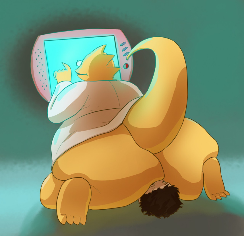 alphys ambiguous_gender anthro big_butt bottomless butt clothed clothing coat computer cro-iba duo eyewear facesitting female female/ambiguous female_focus glasses hair hi_res huge_butt human human_on_anthro interspecies kneeling lab_coat mammal monitor obese obese_female overweight overweight_female rear_view reptile scales scalie thick_tail topwear undertale video_games wide_hips yellow_body yellow_scales