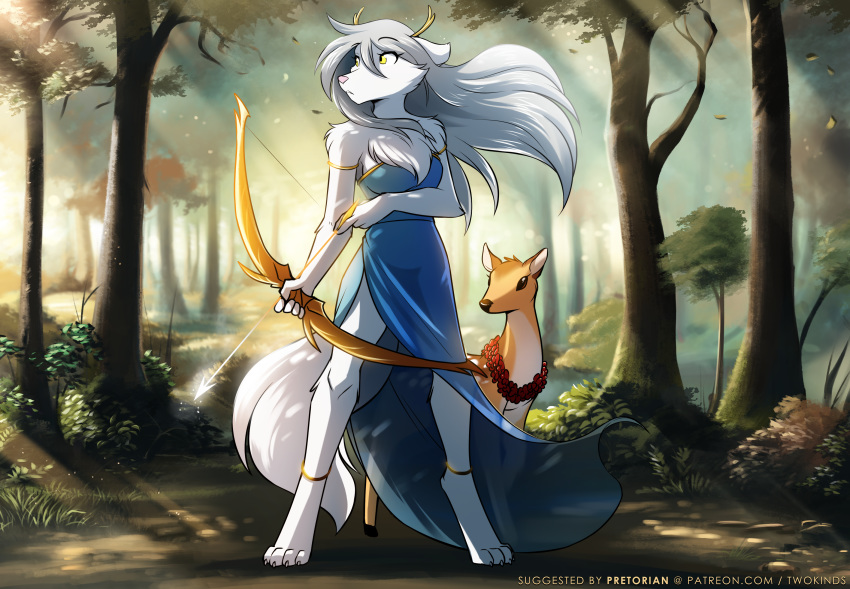 2020 alternate_version_at_source anthro arrow bare_shoulders barefoot bow_(weapon) breasts canid canine canis cervid chest_tuft chiton cleavage clothed clothing collar conditional_dnp digitigrade dress duo female feral forest fur hi_res holding_object holding_weapon hooves horn keidran looking_aside mammal outside raine_silverlock ranged_weapon solo spots spotted_body spotted_fur tom_fischbach tree tuft tunic twokinds weapon webcomic wolf