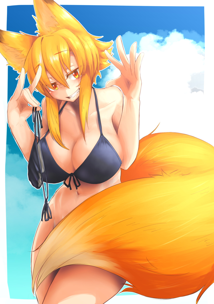 2019 5_fingers absurd_res amber_eyes anthro big_breasts bikini blonde_hair blush bottomless breasts canine_humanoid cleavage cloud covering_crotch day female fluffy_tail fox_humanoid hi_res holding_object humanoid ishimizu08 kitsune_sign looking_at_viewer navel outside slit_pupils smile solo swimwear tail_censorship three-quarter_portrait yellow_fur