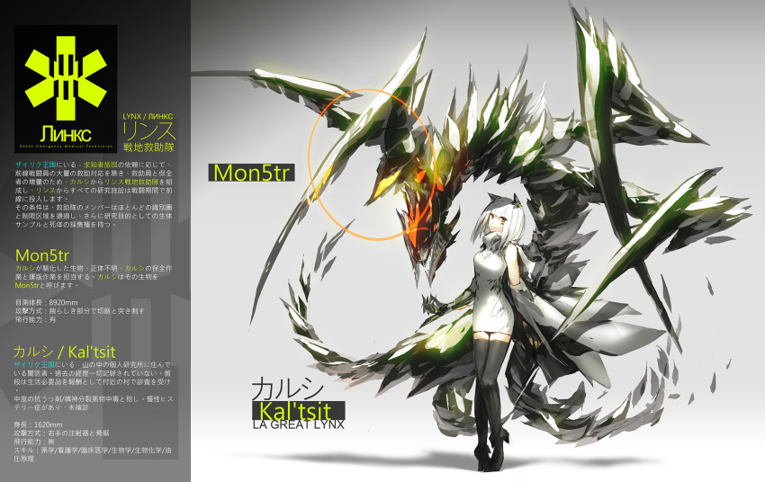 1girl animal_ears character_name character_profile circle detached_sleeves highres looking_at_viewer lowlight_kirilenko lynx_ears mechanical_arm monster neon_trim official_art pixiv_fantasia pixiv_fantasia_t short_hair thighhighs translation_request white_hair yellow_eyes zettai_ryouiki