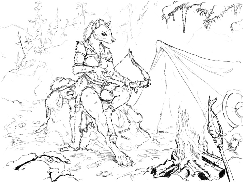 anthro black_and_white bow_(weapon) campfire clothed clothing female gnoll hotchkisstank hyaenid mammal monochrome ranged_weapon sitting snow solo tent tree weapon