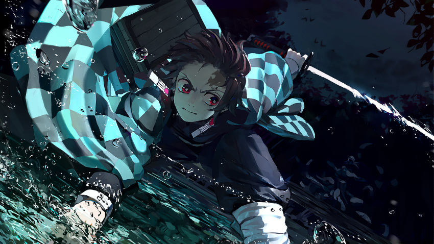 1boy angry black_pants black_shirt brown_hair checkered checkered_haori checkered_jacket earrings forehead_scar hair_slicked_back hanafuda haori highres holding holding_sword holding_weapon idoukunn japanese_clothes jewelry kamado_tanjirou katana kimetsu_no_yaiba male_focus night outdoors pants red_eyes shirt sky solo sword water water_drop weapon wooden_box