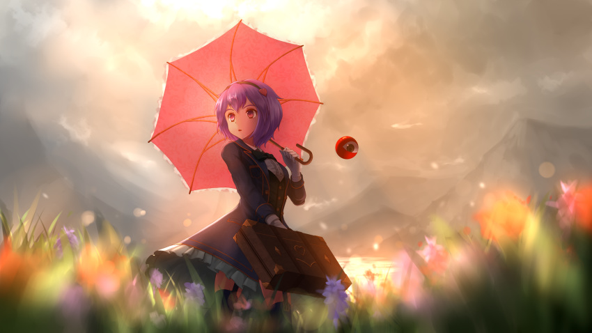 1girl :o aletto-mikan alternate_costume black_bow black_hairband black_vest blue_coat blurry bokeh bow bowtie breast_pocket breasts buttons center_frills cloud cloudy_sky coat commentary day depth_of_field diamond_(shape) dress_shirt eyeball feet_out_of_frame floral_print flower formal frilled_skirt frilled_umbrella frills from_below garter_straps gloves gold_trim gradient_eyes grass hair_between_eyes hair_ornament hairband hand_up heart heart_hair_ornament highres holding holding_suitcase holding_umbrella komeiji_satori lake lavender_flower light_rays long_sleeves looking_at_viewer looking_to_the_side mountainous_horizon multicolored multicolored_eyes outdoors over-kneehighs parasol parted_lips pink_eyes pink_flower pocket purple_eyes purple_hair red_flower scenery shadow shirt short_hair skirt sky sleeve_cuffs solo suit suitcase sunbeam sunlight thighhighs third_eye touhou umbrella vest waistcoat wallpaper water white_gloves