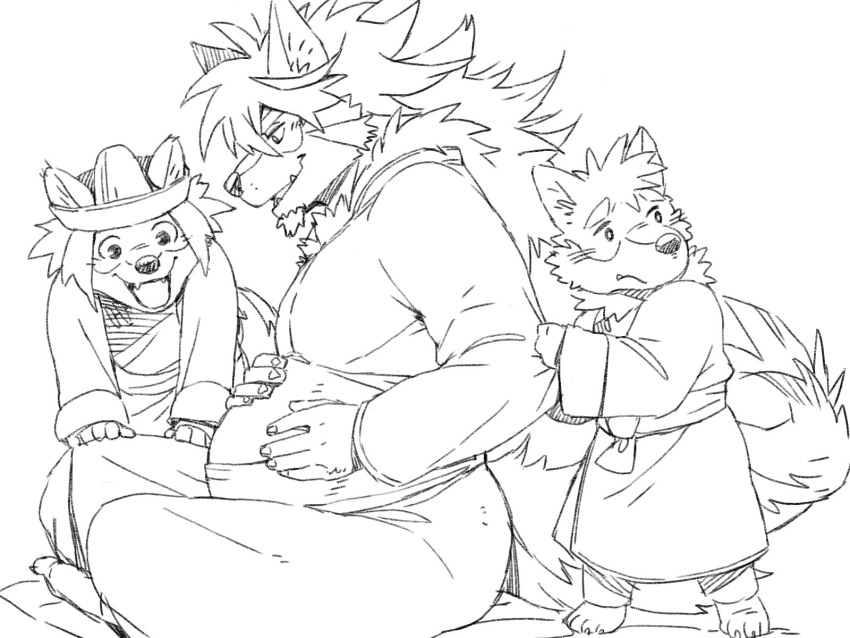 anthro canid canine canis child clothing gamma-g hair hi_res long_hair male male_pregnancy mammal monochrome pregnant robe sitting solo temujin tokyo_afterschool_summoners video_games wolf young