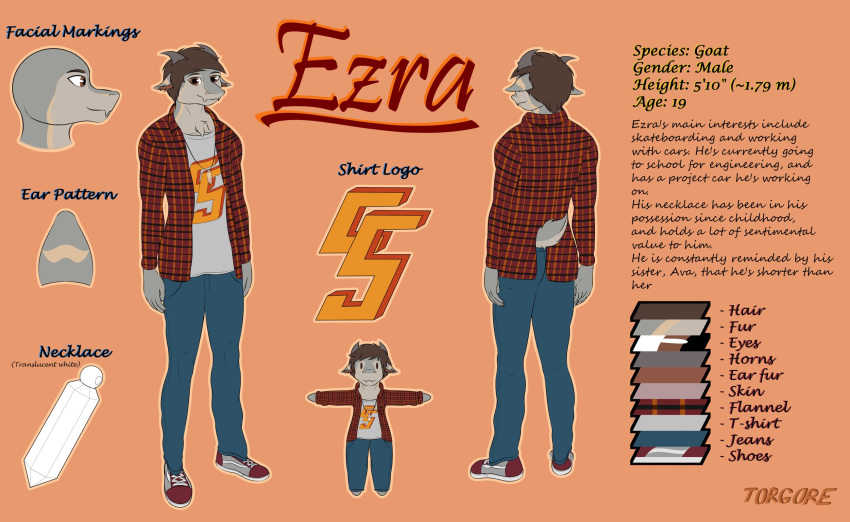 anthro bottomwear bovid brown_eyes brown_hair caprine chest_tuft clothing ezra_(torgore) flannel goat hair hi_res jeans jewelry male mammal model_sheet necklace pants torgore tuft vans