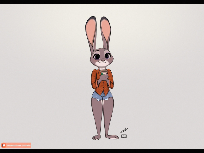 12-9 2020 anthro barefoot bottomwear clothed clothing dipstick_ears disney ears_up fully_clothed fur grey_background grey_body grey_fur hi_res holding_cup holding_object hotpants judy_hopps lagomorph leporid mammal multicolored_ears purple_eyes rabbit shirt shorts simple_background smile solo standing text topwear url zootopia