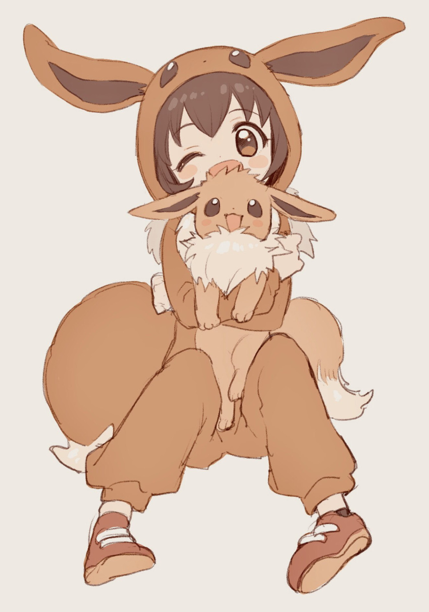 1girl ;d amezawa_koma ankle_socks black_legwear blush_stickers brown_eyes brown_footwear brown_hair commentary_request cosplay eevee eevee_(cosplay) eevee_ears eevee_tail full_body gen_1_pokemon grey_background highres hug knees_up one_eye_closed open_mouth poke_kid_(pokemon) pokemon pokemon_(creature) pokemon_(game) pokemon_ears pokemon_swsh pokemon_tail shoe_soles shoes simple_background sitting smile