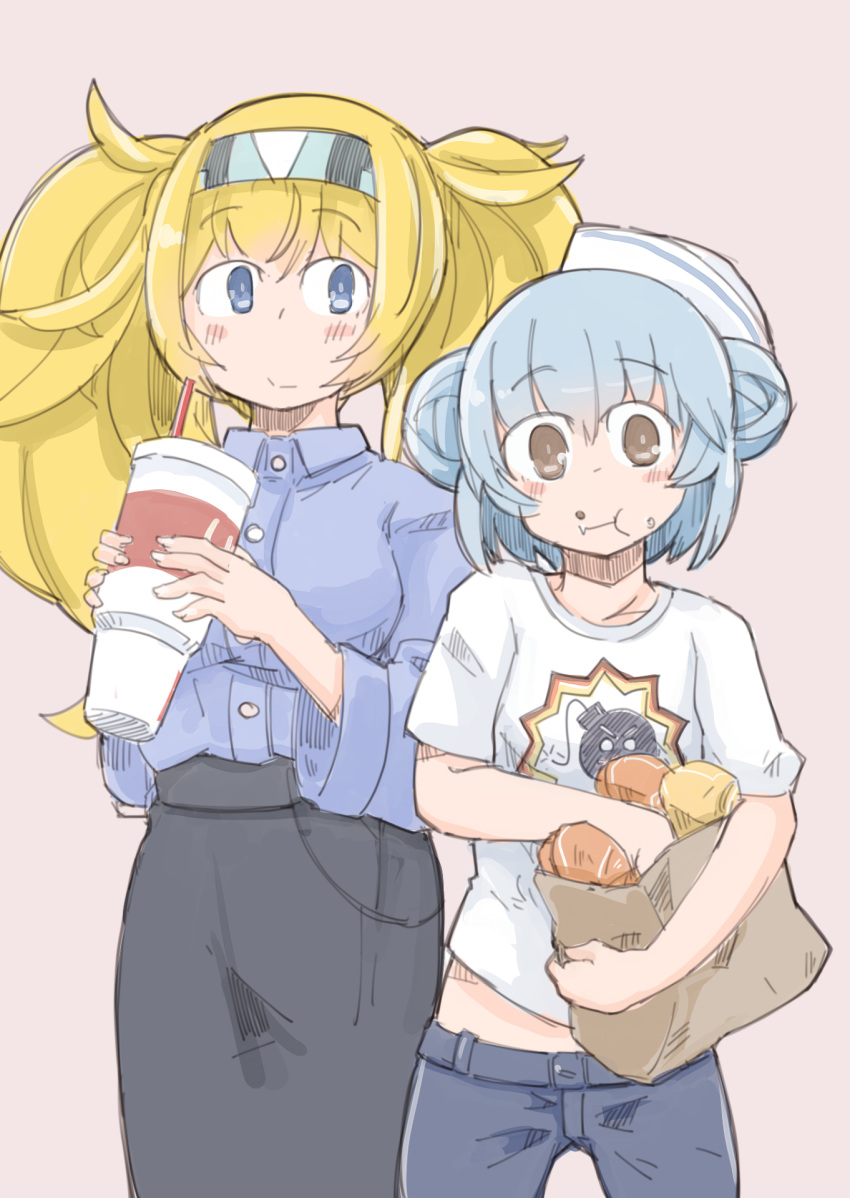 2girls bag black_skirt blonde_hair blue_eyes blue_hair brown_eyes collared_shirt commentary cup disposable_cup dixie_cup_hat double_bun eating enjaku_izuku food food_in_mouth food_on_face gambier_bay_(kantai_collection) hairband hat highres kantai_collection long_hair midriff military_hat multiple_girls paper_bag samuel_b._roberts_(kantai_collection) serious_sam shirt skirt smile t-shirt twintails