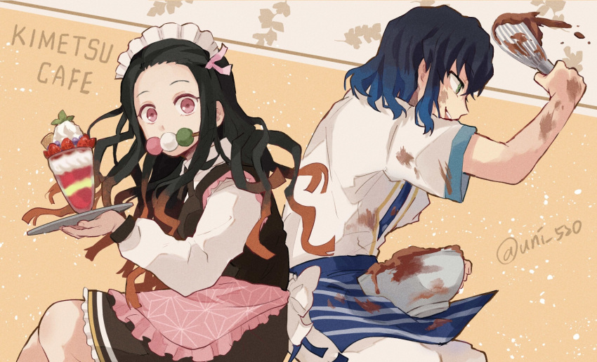 1boy 1girl apron asa_no_ha_(pattern) back_bow bangs black_dress black_hair blueberry bow chef_uniform chocolate chocolate_on_clothes collared_shirt dango dango_(uni_520) dress food frilled_apron frilled_dress frills fruit gradient_hair green_eyes hair_ribbon hashibira_inosuke highres holding holding_tray holding_whisk kamado_nezuko kimetsu_no_yaiba leaf long_hair long_sleeves maid maid_headdress mouth_hold multicolored_hair necktie pants parfait patterned_clothing pink_apron pink_eyes pink_ribbon puffy_long_sleeves puffy_sleeves ribbon sanshoku_dango shirt short_sleeves sidelocks strawberry tray very_long_hair wafer_stick wagashi waist_apron whipped_cream whisk white_bow white_pants white_shirt