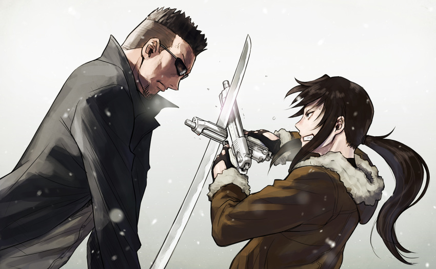 1boy 1girl azasuke black_coat black_hair black_lagoon brown_hair brown_jacket coat dual_wielding duel facial_hair fingerless_gloves gloves goatee gun handgun holding hood hood_down jacket katana matsuzaki_ginji pistol revy_(black_lagoon) snow sword weapon