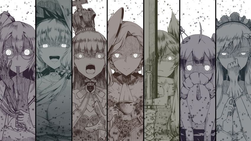 6+girls absurdres ahoge animal_ears azur_lane bangs bare_shoulders belfast_(azur_lane) blunt_bangs blush bow braid breasts chain cleavage clenched_hand closed_mouth collar collarbone column_lineup commentary_request covered_mouth crown cup detached_sleeves doll dress earrings edinburgh_(azur_lane) elbow_gloves eyebrows_visible_through_hair eyes_visible_through_hair floating_hair french_braid frills glasses glove_in_mouth glove_pull gloves glowing glowing_eyes hair_between_eyes hair_bow hair_bun hair_ornament hair_over_shoulder hair_ribbon hairband half-closed_eyes hat headgear highres holding holding_cup holding_sword holding_weapon hood huge_breasts illustrious_(azur_lane) jewelry large_breasts long_hair looking_at_viewer low_twintails maid maid_headdress mini_crown mole mole_under_eye monochrome mouth_hold multiple_girls namesake open_mouth parka_(summersketch) queen_elizabeth_(azur_lane) ribbon round_eyewear scarf side_bun sidelocks smile stuffed_alicorn stuffed_animal stuffed_toy sword tea teacup tongue tress_ribbon twintails unicorn_(azur_lane) union_jack very_long_hair warspite_(azur_lane) weapon