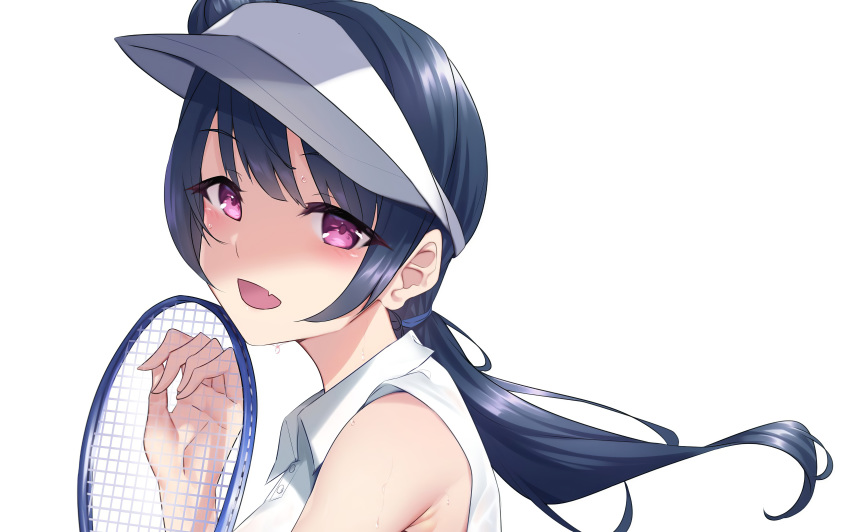 1girl :d absurdres blue_eyes blush eyebrows_visible_through_hair highres horse_tail huge_filesize incredibly_absurdres long_hair looking_at_viewer love_live! love_live!_sunshine!! md5_mismatch open_mouth purple_eyes racket resized simple_background smile solo sportswear tail tennis tennis_uniform tsushima_yoshiko upscaled white_background yamaori_(yamaorimon)