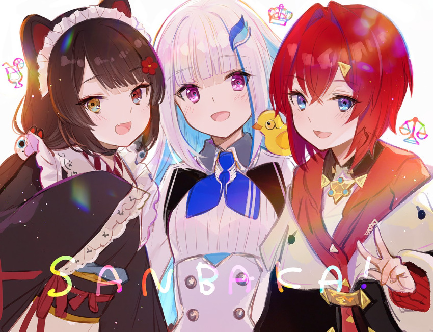 3girls ange_katrina animal_ears animal_on_shoulder bangs black_hair blue_eyes blue_hair blunt_bangs blush dog_ears dog_girl dog_hair_ornament flower fuji_choko hair_between_eyes hair_flower hair_intakes hair_ornament hairclip heterochromia inui_toko jacket japanese_clothes kimono lize_helesta long_hair long_sleeves looking_at_viewer low_twintails maid_headdress monocle multicolored_hair multiple_girls nijisanji open_mouth purple_eyes red_eyes red_hair red_jacket sebastian_piyodore short_hair simple_background smile twintails two-tone_hair upper_body v very_long_hair virtual_youtuber wa_maid white_background white_hair yellow_eyes