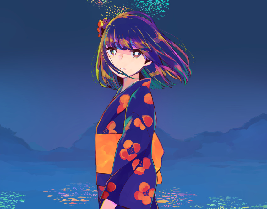 1girl bangs commentary fireworks floral_print flower hair_flower hair_ornament highres japanese_clothes long_sleeves looking_at_viewer medium_hair night outdoors parted_lips richard_(ri39p) senkou_hanabi solo sparkler swept_bangs upper_body vocaloid wide_sleeves
