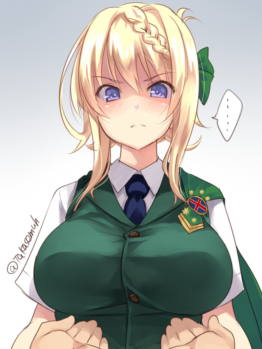 ... 1girl blonde_hair blue_neckwear blush braid braided_bun breasts buttons commentary_request eyebrows_visible_through_hair gradient gradient_background green_vest hair_between_eyes hands highres kantai_collection large_breasts necktie perth_(kantai_collection) purple_eyes shaded_face shirt short_hair short_sleeves solo_focus spoken_ellipsis takase_muu upper_body vest white_shirt