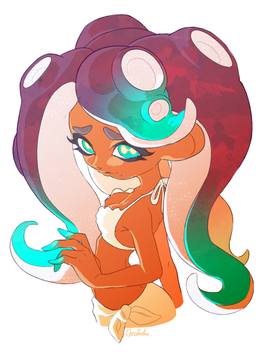 1girl absurdres artist_name bikini black_hair breasts cephalopod_eyes commentary cropped_torso cursive dark_skin gradient_hair green_eyes green_hair highres huge_filesize iida_(splatoon) light_smile long_hair looking_at_viewer makeup mascara medium_breasts mole mole_under_mouth multicolored multicolored_hair multicolored_skin octarian otoboke-san parted_lips pink_pupils sarong signature simple_background solo splatoon_(series) standing suction_cups swimsuit tentacle_hair white_background white_bikini white_sarong