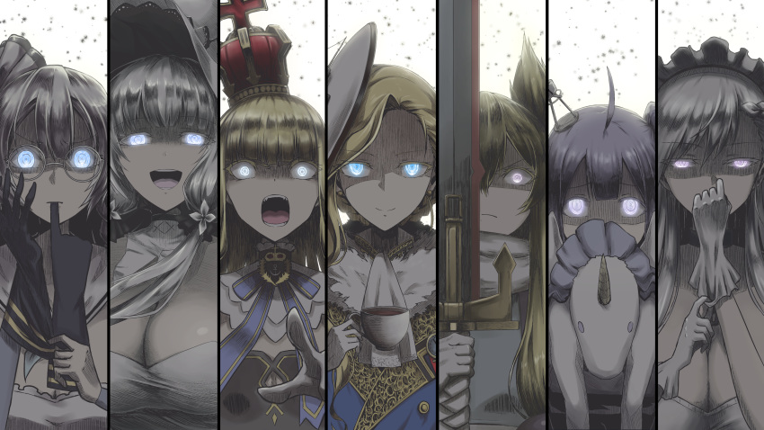 6+girls absurdres ahoge animal_ears azur_lane bangs bare_shoulders belfast_(azur_lane) black_ribbon blonde_hair blue_eyes blunt_bangs blush bow braid breasts chain cleavage clenched_hand closed_mouth collar collarbone column_lineup commentary_request covered_mouth crown cup detached_sleeves dress earrings edinburgh_(azur_lane) elbow_gloves eyebrows_visible_through_hair eyes_visible_through_hair floating_hair french_braid frills glasses glove_in_mouth glove_pull gloves glowing glowing_eyes hair_between_eyes hair_bow hair_bun hair_ornament hair_over_shoulder hair_ribbon hairband half-closed_eyes hat headgear highres holding holding_cup holding_sword holding_weapon hood hood_(azur_lane) illustrious_(azur_lane) jewelry large_breasts long_hair looking_at_viewer low_twintails maid maid_headdress mini_crown mole mole_under_eye mouth_hold multiple_girls open_mouth parka_(summersketch) purple_eyes purple_hair queen_elizabeth_(azur_lane) ribbon round_eyewear scarf side_bun sidelocks silver_eyes silver_hair smile stuffed_alicorn stuffed_animal stuffed_toy sword tea teacup tongue tress_ribbon twintails unicorn_(azur_lane) union_jack very_long_hair warspite_(azur_lane) weapon white_dress white_gloves white_hair white_scarf