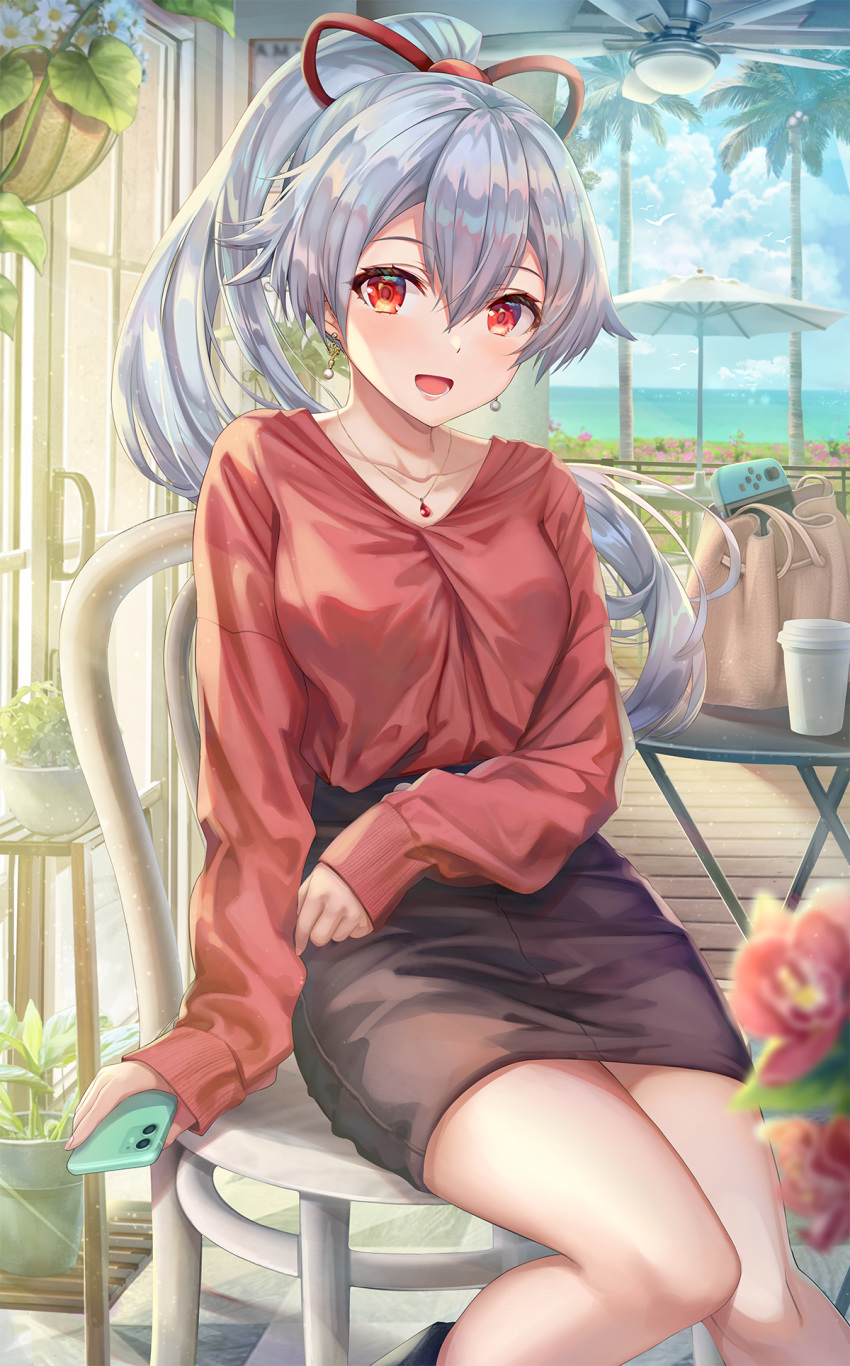 1girl bag bangs black_skirt blue_sky blush breasts ceiling_fan cellphone chair collarbone contemporary cup earrings fate/grand_order fate_(series) flower hair_between_eyes hair_ribbon handbag highres jewelry large_breasts long_hair long_sleeves looking_at_viewer nintendo nintendo_switch ocean open_mouth phone plant ponytail potted_plant red_eyes red_ribbon red_shirt ribbon shirt silver_hair sitting skirt sky smile solo table thighs tomoe_gozen_(fate/grand_order) torino_akua window