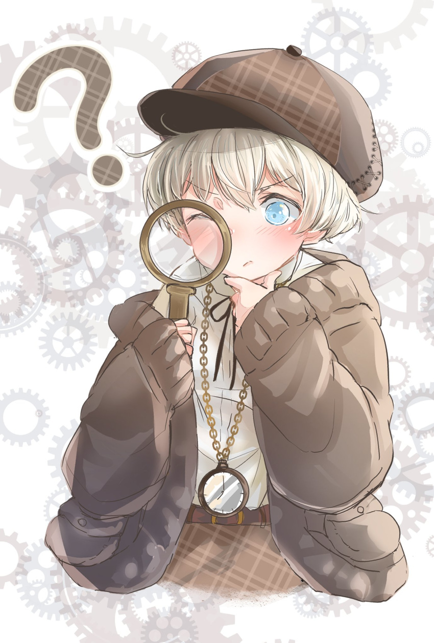 1girl ? alternate_costume aqua_eyes bangs belt blonde_hair brown_belt brown_headwear chin_stroking clock cropped_torso deerstalker detective eyebrows_visible_through_hair gears hat highres holding holding_magnifying_glass kantai_collection karin_bluez3 long_sleeves magnifying_glass neck_ribbon one_eye_closed ribbon short_hair solo z1_leberecht_maass_(kantai_collection)