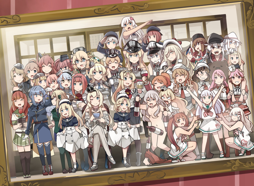 6+girls :&gt; :d =_= ^_^ ^o^ alcohol animal aquila_(kantai_collection) ark_royal_(kantai_collection) arms_up atlanta_(kantai_collection) bare_shoulders barefoot bear beret bismarck_(kantai_collection) black_dress black_hairband black_headwear black_legwear black_neckwear black_sailor_collar blonde_hair blue_eyes blue_hair blue_neckwear blush bottle braid braided_bun brown_eyes brown_hair capelet chair closed_eyes colorado_(kantai_collection) commandant_teste_(kantai_collection) commentary_request convenient_censoring crossed_arms crown cup de_ruyter_(kantai_collection) detached_sleeves dixie_cup_hat double_v dress drinking_glass eating eyebrows_visible_through_hair facial_scar fang fletcher_(kantai_collection) flower flower_pot food food_on_face gambier_bay_(kantai_collection) gangut_(kantai_collection) garrison_cap giuseppe_garibaldi_(kantai_collection) gloves gotland_(kantai_collection) graf_zeppelin_(kantai_collection) grecale_(kantai_collection) green_eyes green_legwear green_sailor_collar green_skirt green_vest grey_hair grin hair_between_eyes hair_censor hair_ornament hairband hairclip hamburger hammer_and_sickle hat hibiki_(kantai_collection) high_ponytail highres holding holding_bottle holding_cup holding_food houston_(kantai_collection) hypnosis i-504_(kantai_collection) ido_(teketeke) intrepid_(kantai_collection) iowa_(kantai_collection) janus_(kantai_collection) jervis_(kantai_collection) johnston_(kantai_collection) kantai_collection kneehighs koala libeccio_(kantai_collection) littorio_(kantai_collection) long_hair long_sleeves low_twintails luigi_di_savoia_duca_degli_abruzzi_(kantai_collection) luigi_torelli_(kantai_collection) maestrale_(kantai_collection) military military_hat military_uniform mind_control mini_crown mini_hat mole mole_under_eye mole_under_mouth multicolored multicolored_clothes multicolored_gloves multiple_girls navel neckerchief necktie nelson_(kantai_collection) nude off-shoulder_dress off_shoulder one_eye_closed open_mouth orange_hair orange_neckwear papakha peaked_cap perth_(kantai_collection) picture_(object) pince-nez pink_eyes pink_hair plant pleated_skirt pola_(kantai_collection) pom_pom_(clothes) ponytail potted_plant prinz_eugen_(kantai_collection) purple_eyes red_flower red_hair red_ribbon red_rose red_shirt red_skirt ribbon richelieu_(kantai_collection) ro-500_(kantai_collection) roma_(kantai_collection) rose sailor_collar sailor_dress sailor_hat samuel_b._roberts_(kantai_collection) scar school_uniform serafuku shirt short_hair short_sleeves side_braid side_ponytail silver_hair sitting skirt sleeveless sleeveless_dress sleeveless_shirt smile socks standing star star-shaped_pupils symbol-shaped_pupils tashkent_(kantai_collection) teacup thighhighs tiara twintails two_side_up uniform v verniy_(kantai_collection) vest warspite_(kantai_collection) white_dress white_gloves white_hairband white_headwear white_legwear white_shirt wine wine_bottle wine_glass wojtek_(ido) yellow_eyes z1_leberecht_maass_(kantai_collection) z3_max_schultz_(kantai_collection) zara_(kantai_collection)