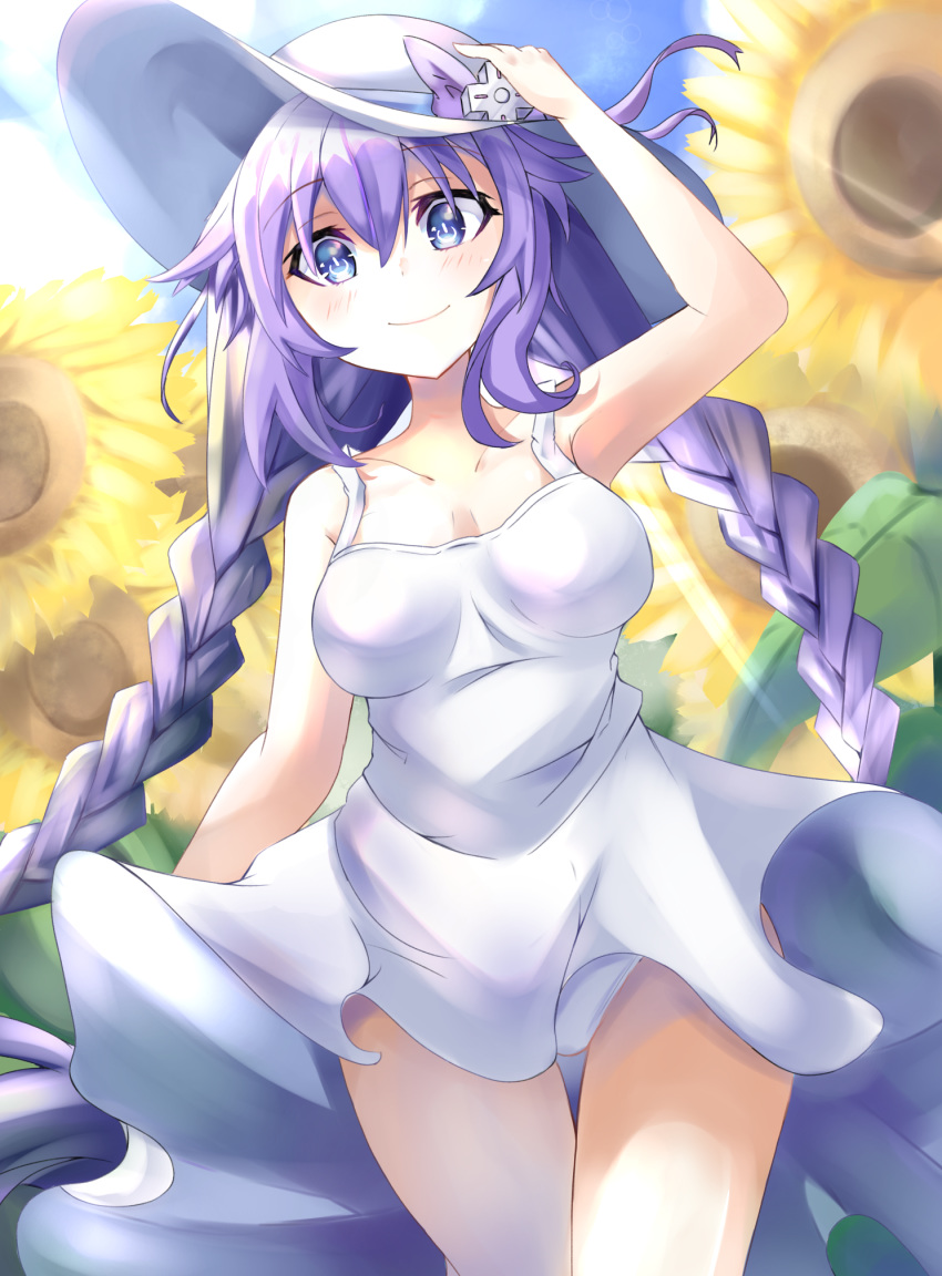 1girl arm_up bangs bimmy blush braid breasts cloud cloudy_sky collarbone commentary d-pad d-pad_hair_ornament dress dress_lift dutch_angle english_commentary eyebrows_visible_through_hair flower hair_between_eyes hair_ornament hat highres light_beam looking_at_viewer medium_breasts neptune_(series) power_symbol purple_eyes purple_hair purple_heart sidelocks sky sleeveless sleeveless_dress smile solo sun_hat sundress sunflower symbol-shaped_pupils twin_braids white_dress white_headwear