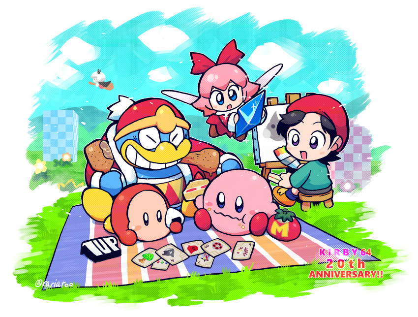 2girls acro_(kirby) adeleine animal_ears black_hair blanket blue_eyes blue_sky broom broom_riding cake card cat_ears chewing cloud coat crystal_shard dress drumsticks easel fairy flower food grass grey_skirt grin highres hr-h keke_(kirby) king_dedede kirby kirby_(series) kirby_64 looking_at_another magman maxim_tomato miracle_matter multiple_girls n-z onigiri paintbrush pink_hair pix rariatto_(ganguri) red_coat red_dress red_headwear red_ribbon ribbon ribbon_(kirby) sandwich shoes skirt sky smile smock stool waddle_dee whispy_woods white_hair zero_two_(kirby)