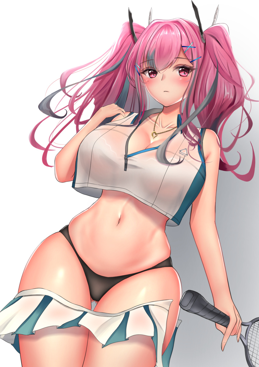 1girl absurdres azur_lane bangs black_panties blush breasts bremerton_(azur_lane) bremerton_(scorching-hot_training)_(azur_lane) eyebrows_visible_through_hair gradient gradient_background hair_ornament hairclip highres hikagen_yoshio huge_breasts large_breasts long_hair looking_at_viewer multicolored_hair navel panties pink_eyes racket skirt sportswear streaked_hair tennis_racket tennis_uniform twintails underwear