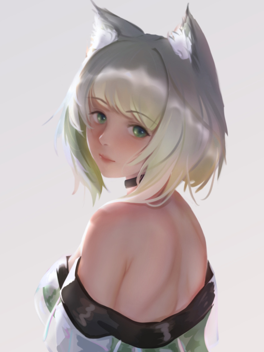 1girl animal_ear_fluff animal_ears arknights bangs bare_shoulders blush breasts choker closed_mouth dress eyebrows_visible_through_hair gradient_hair green_dress green_eyes highres kal'tsit laozhanshi lips looking_at_viewer looking_back medium_breasts multicolored_hair off_shoulder silver_hair solo upper_body