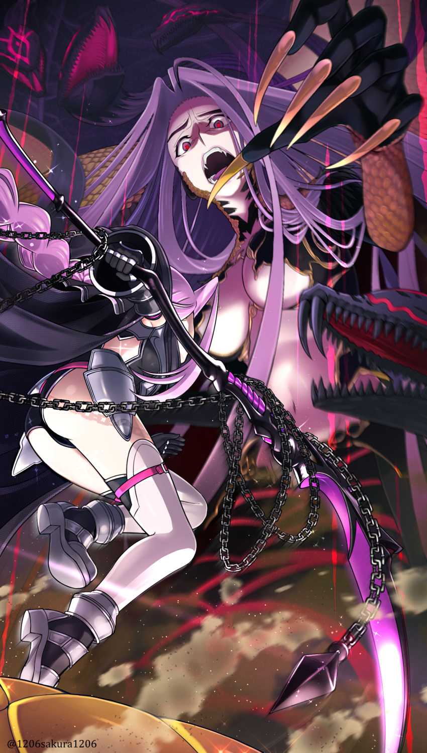 2girls absurdres armor ass battle black_capelet black_cloak black_footwear black_leotard boots braid breastplate breasts capelet chain claws cleavage cloak detached_sleeves fang fate/grand_order fate_(series) giantess glowing glowing_eyes gorgon_(fate) hair_intakes highres jumping legs leotard long_braid long_hair medusa_(lancer)_(fate) monster_girl multiple_girls navel open_mouth ponytail purple_hair red_eyes sakura_tecco scythe snake standing standing_on_one_leg thigh_strap thighhighs thighs very_long_hair weapon white_legwear