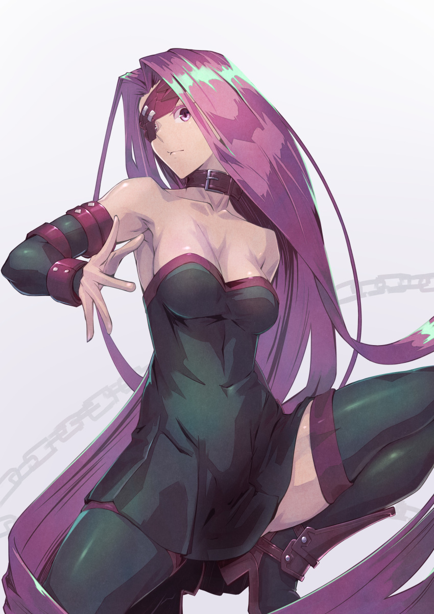 1girl absurdres bare_shoulders belt_collar black_legwear breasts chain cleavage closed_eyes collar collarbone fate/stay_night fate_(series) highres kikken lavender_background long_hair looking_at_viewer medium_breasts purple_eyes purple_hair rider simple_background solo thighhighs very_long_hair