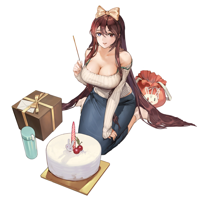 1girl blue_eyes blue_skirt bow box bra_strap brown_hair cake cropped_shoulders cropped_sweater food full_body gift gift_box hair_between_eyes hair_bow highres last_origin looking_at_viewer official_art pencil_skirt red_eyes ribbed_sweater rorobomb skirt smile socks solo strap_slip sweater t-8w_valkyrie tachi-e transparent_background white_legwear