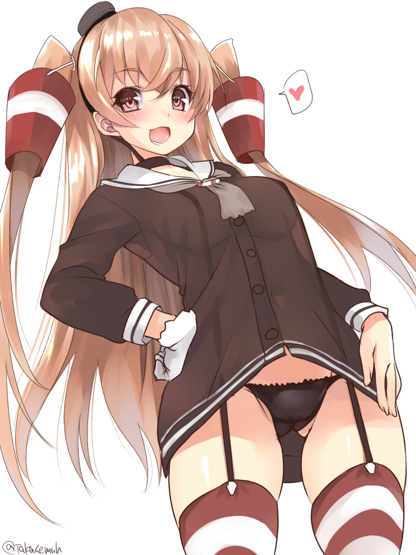 1girl amatsukaze_(kantai_collection) amatsukaze_(kantai_collection)_(cosplay) ass_visible_through_thighs black_panties breasts brown_dress brown_eyes commentary_request cosplay cowboy_shot dress garter_straps hair_tubes hat heart highres johnston_(kantai_collection) kantai_collection light_brown_hair long_hair look-alike medium_breasts mini_hat open_mouth panties red_legwear sailor_dress short_dress simple_background smile solo spoken_heart takase_muu thighhighs two_side_up underwear white_background windsock