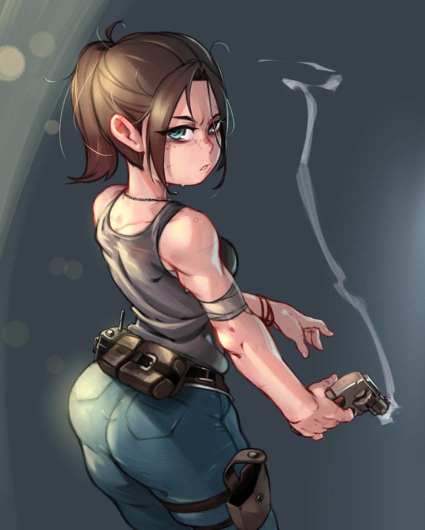 1girl ass bandaged_arm bandages belt belt_pouch bracelet breasts claire_redfield denim finger_on_trigger freckles gun handgun highres holding holding_gun holding_weapon holster jeans jewelry kelvin_hiu looking_back medium_breasts medium_hair necklace pants pistol ponytail pouch redesign resident_evil resident_evil_2 revolver smoke smoking_gun solo sweat tank_top thigh_holster walkie-talkie weapon