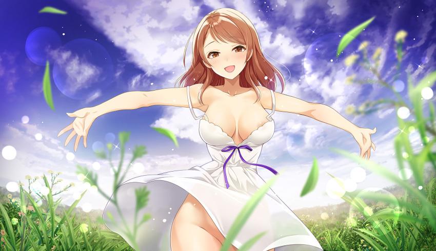 1girl areola_slip areolae armpits blue_bow bow breasts brown_eyes brown_hair cloud dress grass highres houjou_karen idolmaster idolmaster_cinderella_girls kazu long_hair looking_at_viewer medium_breasts no_bra no_panties open_mouth outstretched_arms see-through smile spread_arms white_dress wind wind_lift