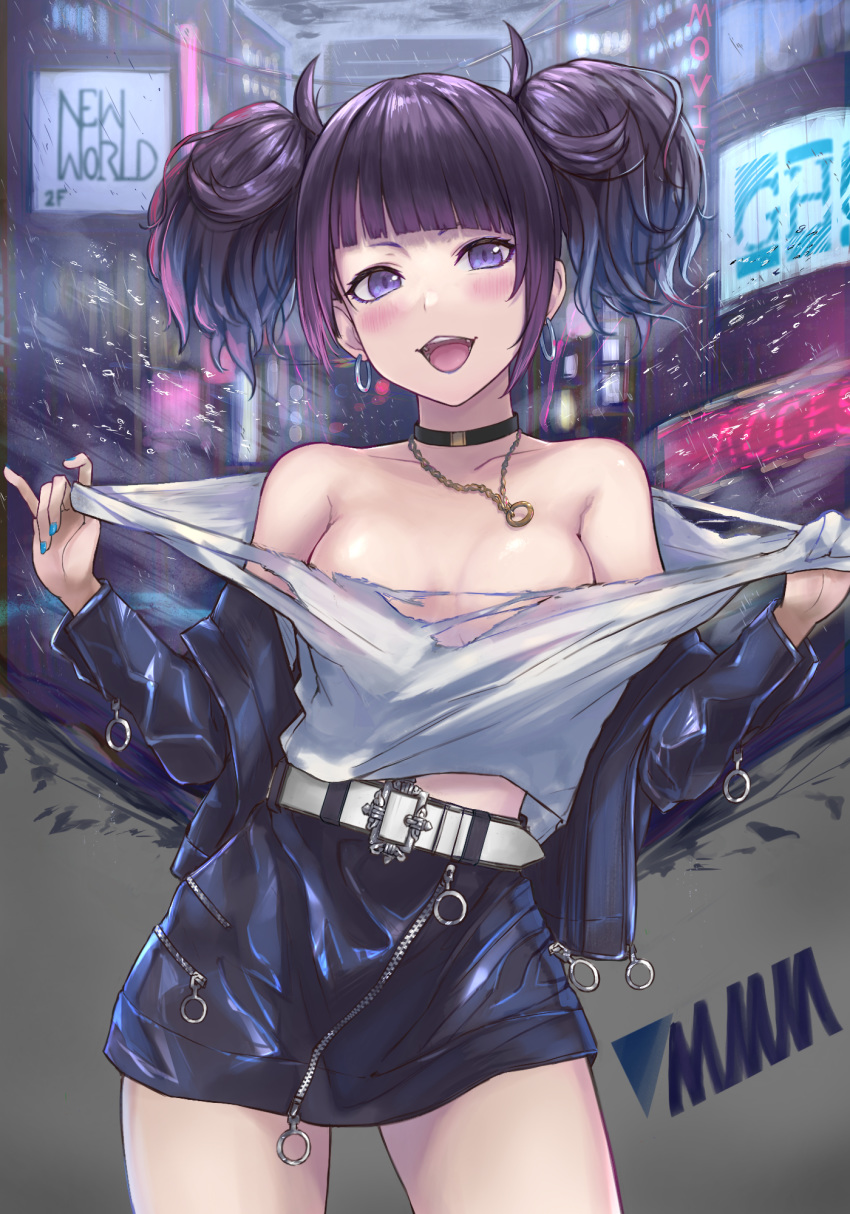 1girl bangs bare_shoulders belt belt_buckle black_choker black_jacket black_skirt blue_nails blush breasts buckle choker city collarbone cowboy_shot diagonal_bangs earrings eno_(joqeve) exhibitionism highres hoop_earrings idolmaster idolmaster_shiny_colors jacket jewelry long_hair long_sleeves looking_at_viewer miniskirt nail_polish necklace no_bra off_shoulder open_clothes open_jacket open_mouth outdoors purple_eyes purple_hair shirt sidelocks skirt small_breasts smile solo tanaka_mamimi torn_clothes torn_shirt twintails undressing white_shirt zipper zipper_pull_tab