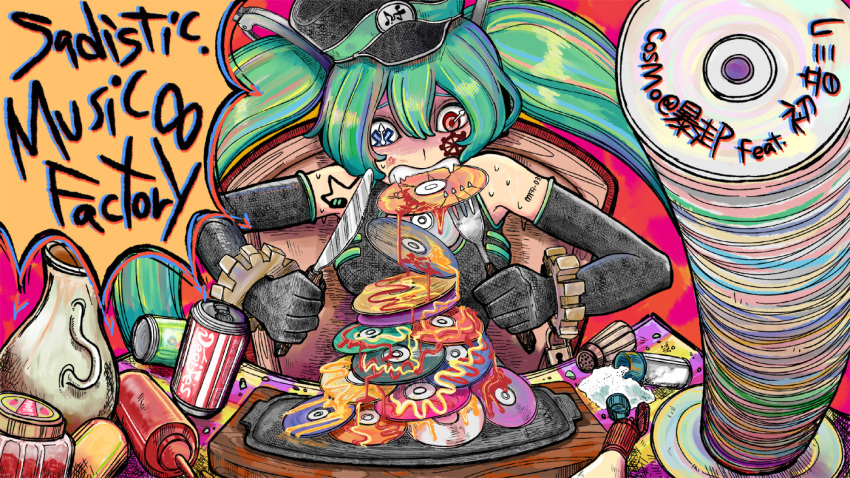 1girl aqua_hair arrow bare_shoulders black_gloves black_shirt blue_eyes can cd chair commentary cosmo_(bousoup) eating elbow_gloves facial_tattoo fork furrowed_eyebrows gears gloves hat hatsune_miku headset heterochromia holding holding_fork holding_knife jug ketchup ketchup_bottle knife mouth_hold mustard mustard_bottle red_eyes sadistic_music_factory_(vocaloid) salt salt_shaker shirt sitting soda_can solo song_name sweat symbol-shaped_pupils tattoo tray twintails upper_body vocaloid