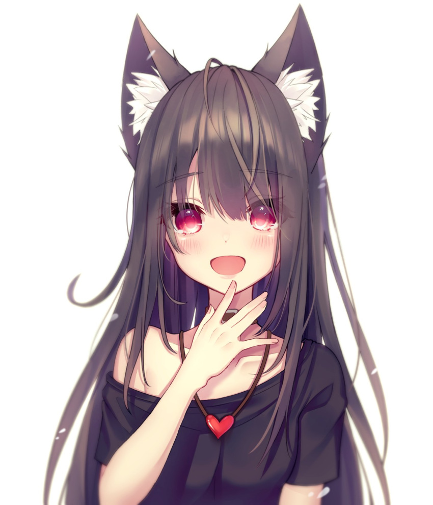 1girl :d animal_ear_fluff animal_ears black_shirt brown_hair hand_to_own_mouth heart_pendant highres kyubi long_hair off_shoulder open_mouth original red_eyes shirt short_sleeves smile upper_body