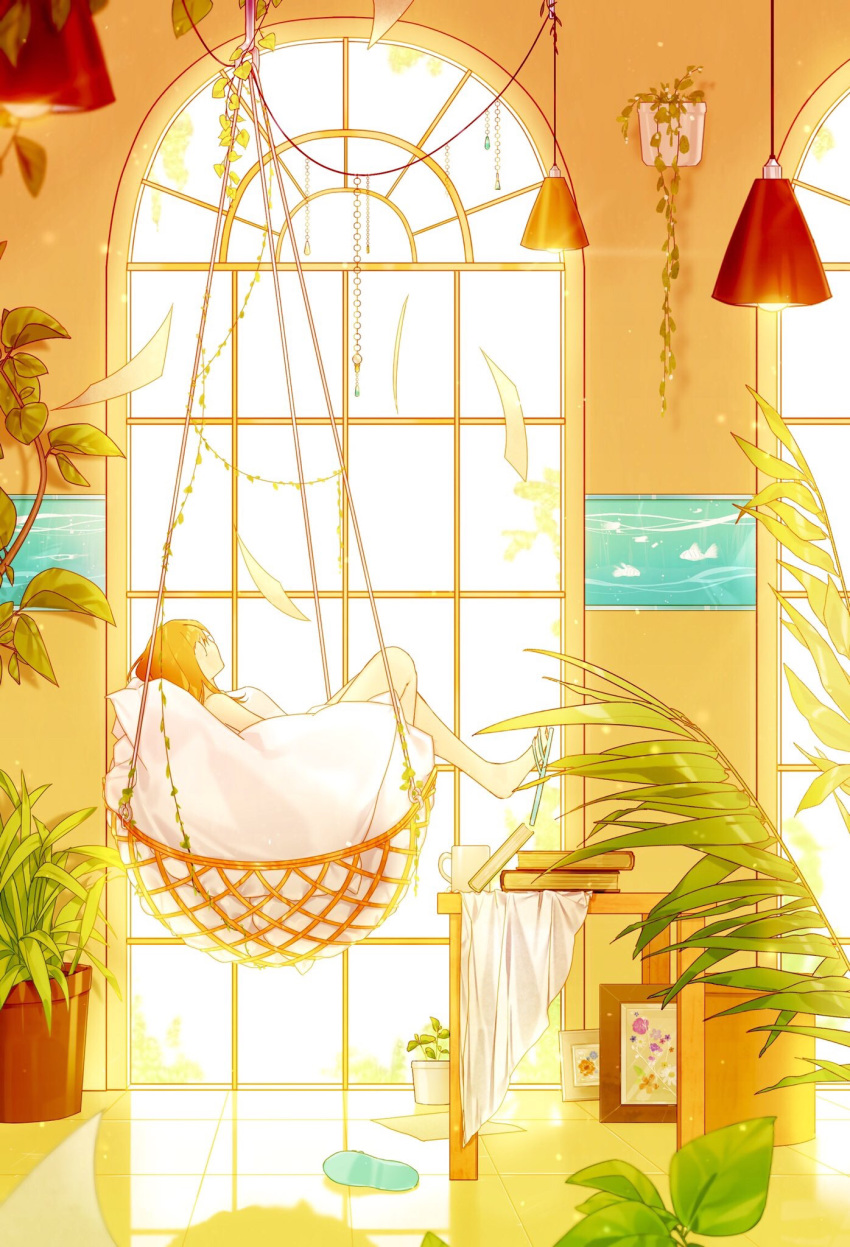 1girl bare_legs frame hammock harusame_sigu8 highres indoors long_hair looking_out_window looking_to_the_side orange_hair original painting_(object) paper plant potted_plant reflection sandals solo