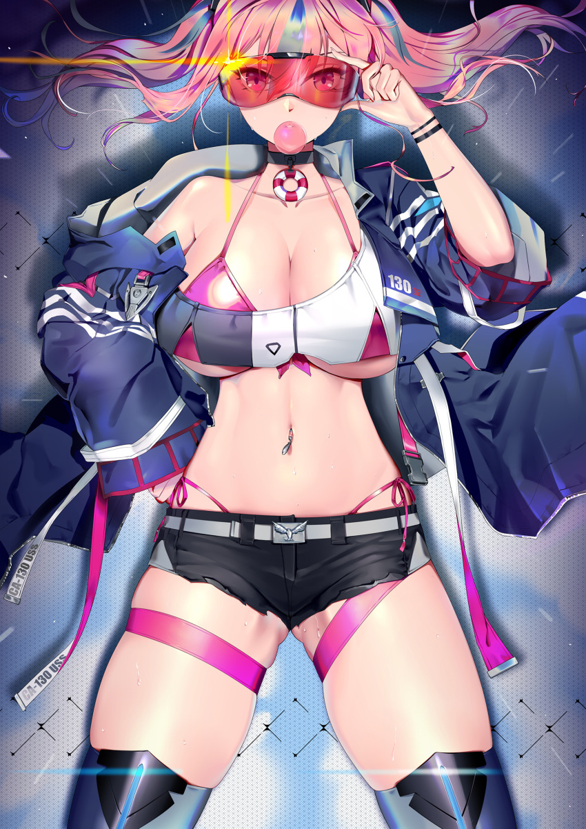 1girl ass_visible_through_thighs azur_lane bangs bare_shoulders belt bikini bikini_top black_choker black_shorts blue_hair boots breasts bremerton_(azur_lane) bubble_blowing choker cleavage collarbone commentary cowboy_shot crop_top cutoffs eyebrows_behind_hair floating_hair front-tie_bikini front-tie_top glint grey_belt hair_between_eyes hair_intakes hair_ornament halter_top halterneck hand_on_hip highleg highleg_bikini highres holding holding_eyewear large_breasts lifebuoy long_hair looking_at_viewer micro_shorts midriff multicolored_hair navel navel_piercing no_mole number off-shoulder_jacket off_shoulder parted_lips piercing pink_bikini pink_eyes pink_hair purple_hair red-tinted_eyewear shadow shiny shiny_clothes shiny_skin shorts side-tie_bikini sidelocks skindentation snap-fit_buckle solo standing streaked_hair sunglasses sweat swimsuit swimsuit_under_clothes thigh_strap thighhighs twintails underboob upper_body wrist_straps yi_dianxia