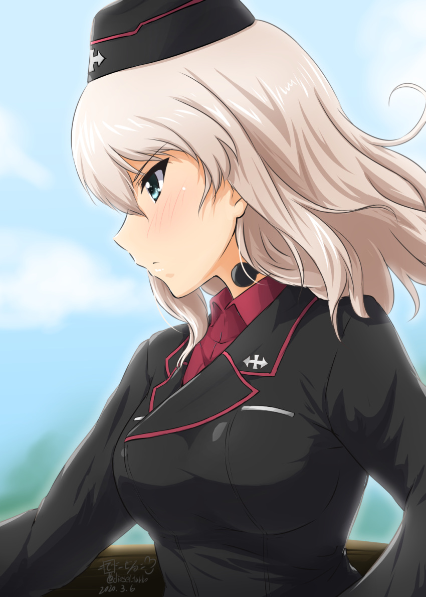 1girl bangs black_headwear black_jacket blue_eyes blue_sky blurry blurry_background cloud cloudy_sky dated day depth_of_field diesel-turbo dress_shirt garrison_cap girls_und_panzer hat highres insignia itsumi_erika jacket kuromorimine_military_uniform long_sleeves looking_to_the_side medium_hair military military_hat military_uniform outdoors red_shirt shirt silver_hair sky solo tank_cupola throat_microphone twintails uniform wind wing_collar