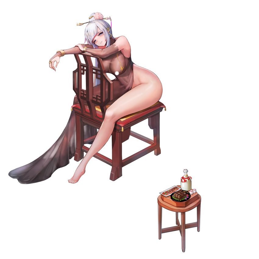 1girl alcohol bangs barefoot blue_eyes bridal_gauntlets censored dress earrings food full_body grin hair_bun highres jewelry last_origin long_dress long_hair looking_at_viewer nipples official_art see-through side_slit sima_(startwitch) sitting sitting_backwards smile sowan_(last_origin) tachi-e transparent_background