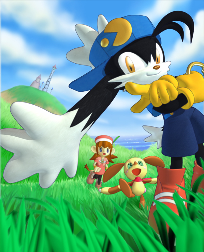 1girl 2boys blue_headwear blue_pants blue_sky cabbit cloud dog fur gloves grass highres jewelry kaze_no_klonoa klonoa lolo_(klonoa) multiple_boys official_art pac-man pants pointy_ears popka puppy red_footwear ring sky tower yellow_gloves