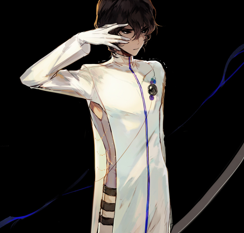 1boy absurdres arjuna_(fate/grand_order) black_background black_eyes bow_(weapon) brown_hair closed_mouth coat cowboy_shot fate/grand_order fate_(series) gloves grey_vest hair_between_eyes hand_up highres holding holding_bow_(weapon) holding_weapon long_sleeves looking_away male_focus mo_(mocopo) solo tears vest weapon white_gloves