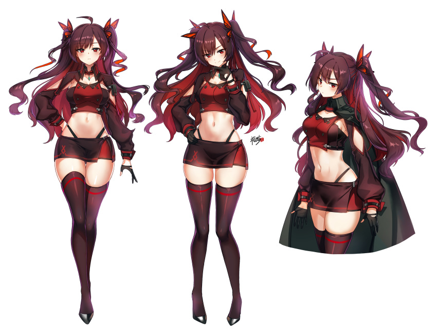 1girl absurdres ahoge bangs black_footwear black_legwear blush breasts brown_hair cape closed_mouth commentary_request crop_top detached_sleeves finger_gun full_body gloves hair_ornament hand_on_hip hand_on_own_chin high_heels highleg highleg_panties highres kyjsogom long_hair long_sleeves looking_at_viewer medium_breasts midriff miniskirt multiple_views navel original panties partly_fingerless_gloves red_eyes serious shiny shiny_hair signature simple_background skindentation skirt smile standing stomach thighhighs thighs tied_hair two_side_up underwear v-shaped_eyebrows wavy_hair white_background zettai_ryouiki