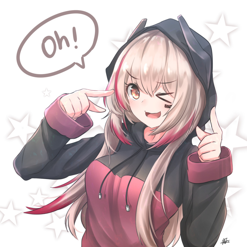 &gt;_o absurdres artist_name background_text black_hoodie blonde_hair blush breasts clenched_hand commentary english_text eyebrows_visible_through_hair facial_mark girls_frontline headgear highres hiromaster_sinta_jh hood hood_up hoodie long_hair long_sleeves looking_at_viewer m4_sopmod_ii_(girls_frontline) medium_breasts multicolored multicolored_hair multicolored_hoodie one_eye_closed open_mouth pink_hair red_eyes red_hoodie shiny shiny_hair simple_background smile star starry_background v white_background