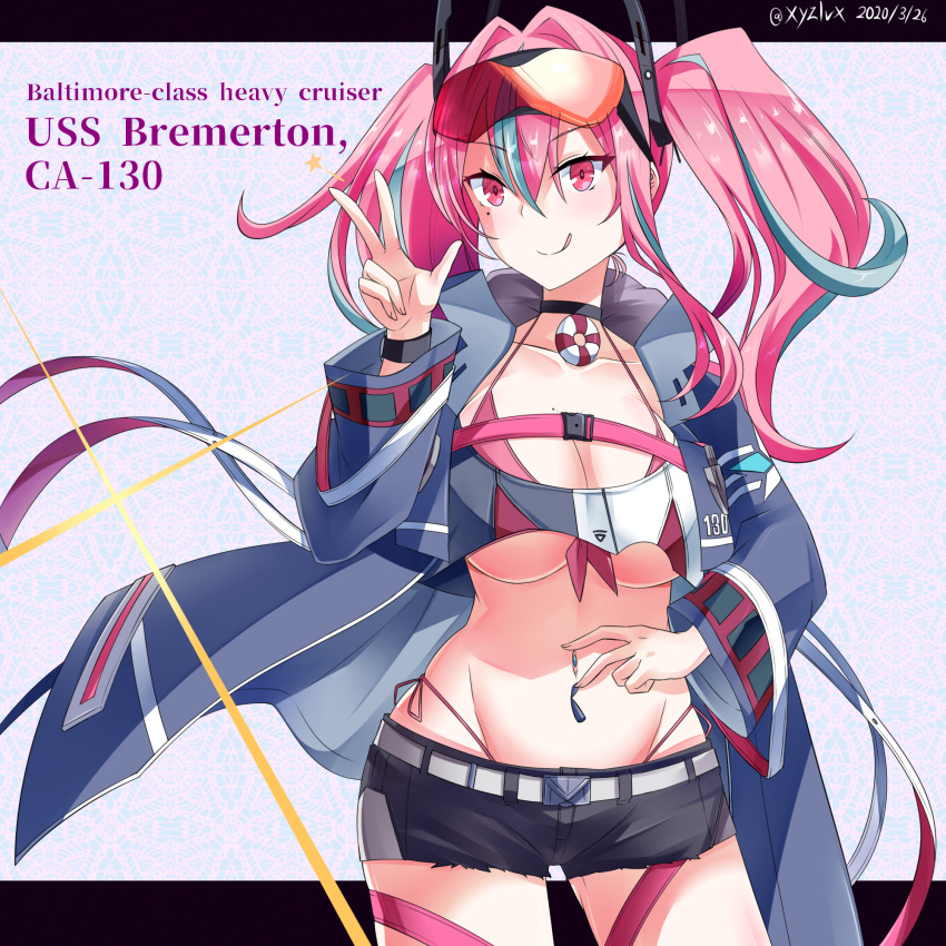 1girl :q azur_lane bangs belt bikini black_choker black_shorts blue_hair blue_jacket blush breasts bremerton_(azur_lane) character_name choker cleavage collarbone commentary_request cowboy_shot crop_top cutoffs dated eyebrows_visible_through_hair eyewear_on_head front-tie_bikini front-tie_top grey_belt groin hair_between_eyes hair_intakes hair_ornament hand_up hebitsukai-san highleg highleg_bikini highres hood hood_down hooded_jacket jacket large_breasts letterboxed lifebuoy long_hair long_sleeves looking_at_viewer midriff mole mole_on_breast mole_under_eye multicolored_hair navel navel_piercing number open_clothes open_jacket patterned_background piercing pink_bikini pink_eyes pink_hair red-tinted_eyewear short_shorts shorts side-tie_bikini sidelocks smile snap-fit_buckle solo spread_navel standing star streaked_hair sunglasses swimsuit thigh_strap tongue tongue_out twintails twitter_username two-tone_hair underboob v wristband