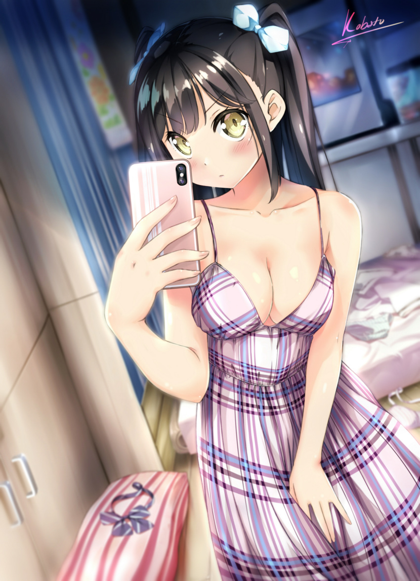 1girl absurdres aqua_bow artist_name bangs bare_arms bare_shoulders black_hair blush bow breasts cellphone cleavage closed_mouth collarbone commentary commentary_request cowboy_shot dress english_commentary eyebrows_visible_through_hair eyelashes fingernails hair_between_eyes hair_bow highres holding holding_phone indoors kantoku_(style) kuro_neko_(yxmikan) long_fingernails long_hair looking_at_viewer medium_breasts nail_polish original phone pink_nails plaid plaid_dress self_shot shiny shiny_skin sidelocks sleeveless sleeveless_dress smartphone solo standing taking_picture twintails