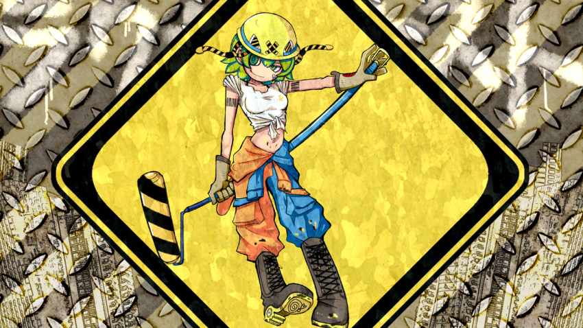 1girl barcode barcode_tattoo blue_pants boots brush commentary cosmo_(bousoup) diamond_(shape) diamond_plate full_body gloves green_eyes green_hair gumi hardhat helmet holding looking_to_the_side metal midriff orange_pants paint_roller pants shirt short_hair sign sleeves_rolled_up solo tattoo two-tone_legwear vocaloid warning_sign white_shirt yellow_headwear